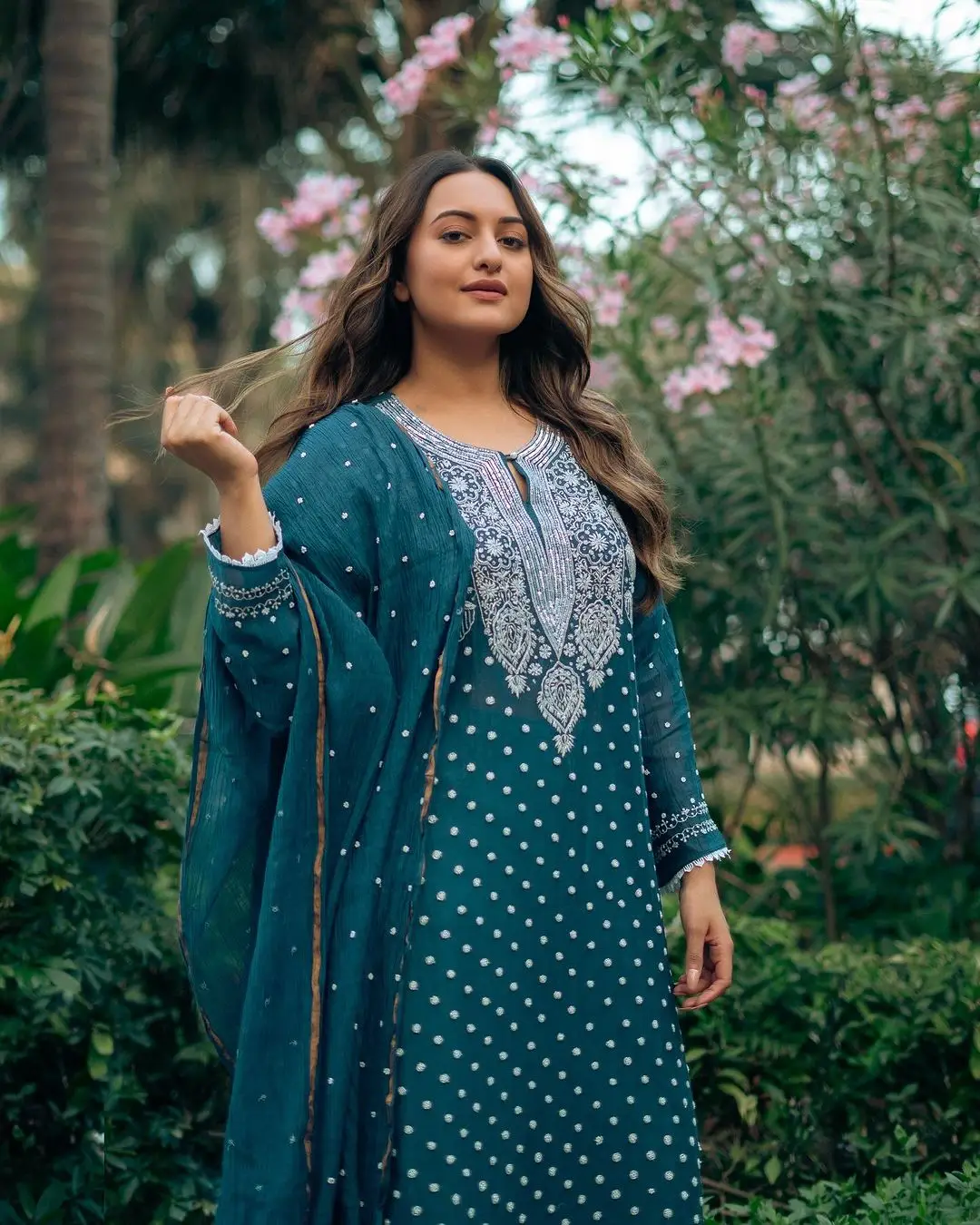 Mumbai Actress Sonakshi Sinha Long Hair Photoshoot in Blue Dress